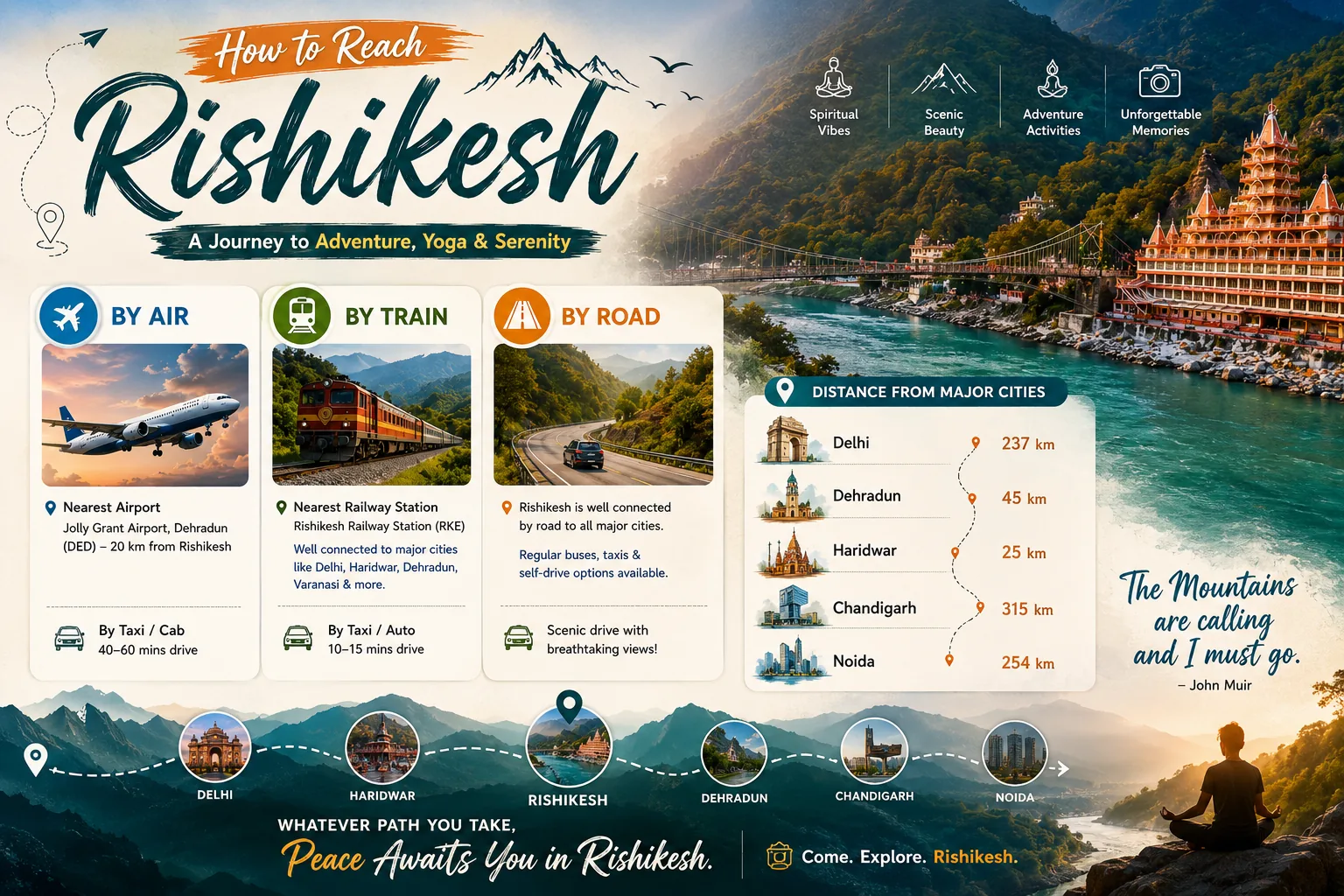 How to reach Rishikesh infographic: by air via Jolly Grant Airport, Dehradun (about 20 km); by train to Rishikesh or Haridwar; by road on the Delhi–Dehradun expressway. Distances from Delhi 237 km, Dehradun 45 km, Haridwar 25 km, Chandigarh 315 km, Noida 254 km.
