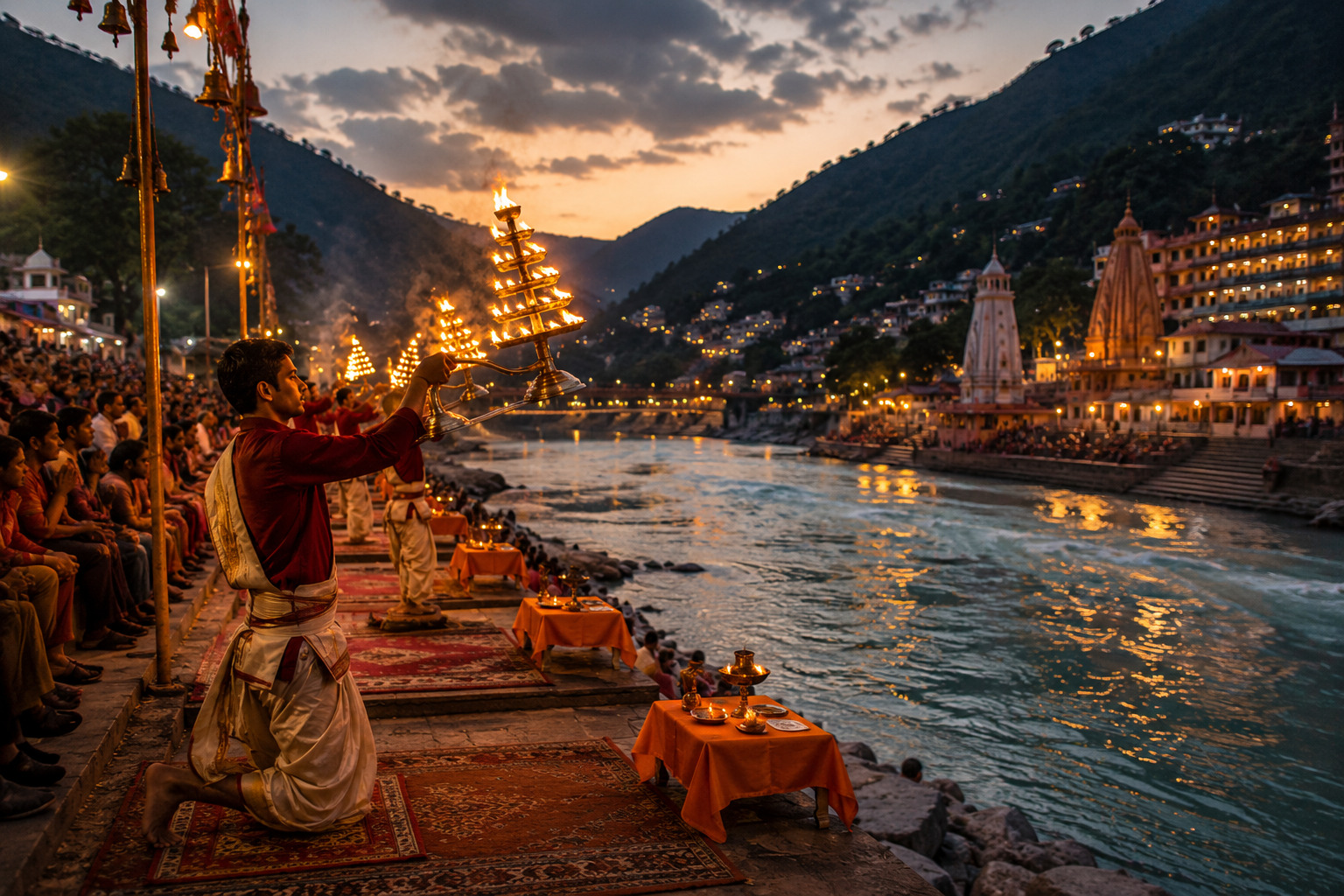Ganga aarti — floating diyas at evening