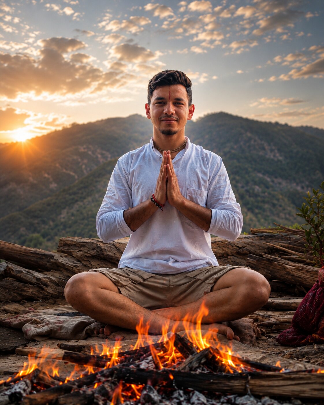 Yoga practice on a wooden deck by the Ganga at dawn