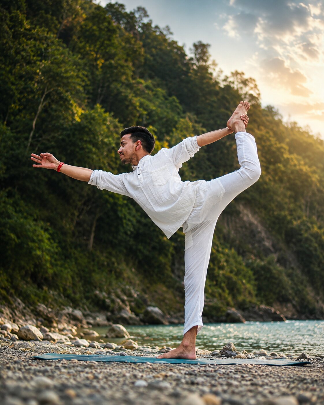 Yoga at sunrise by the Ganga in Rishikesh